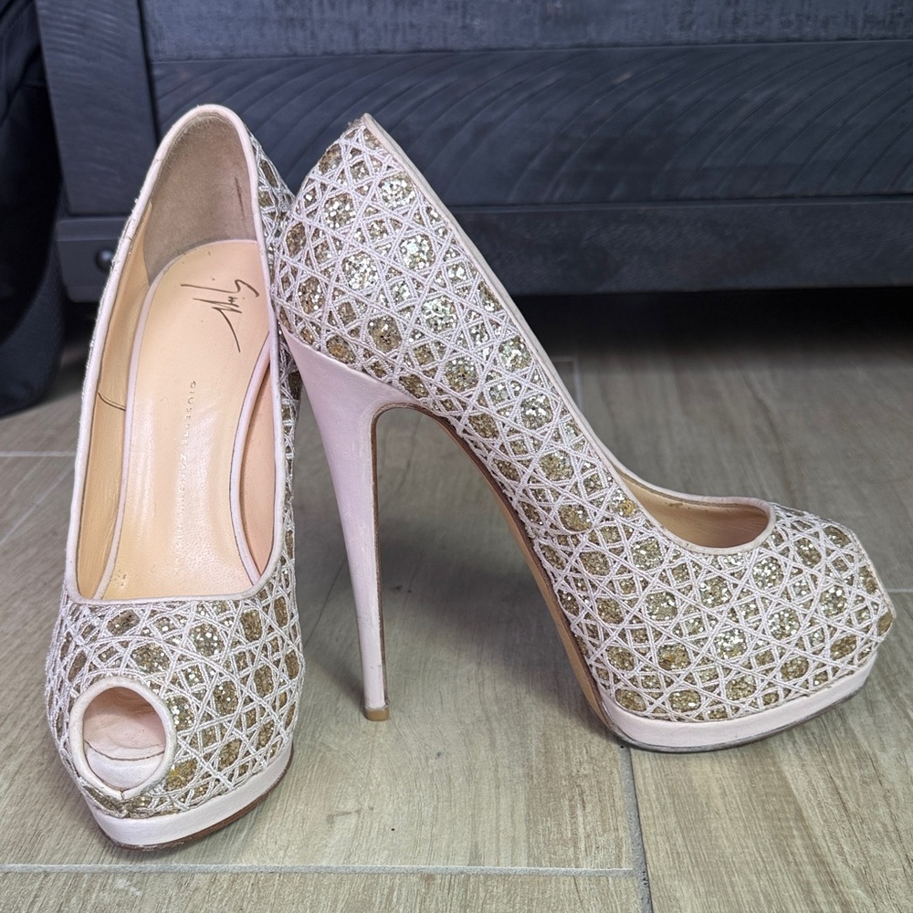 Giuseppe Zanotti Gold and Pink Lace Peep-Toe Heels
